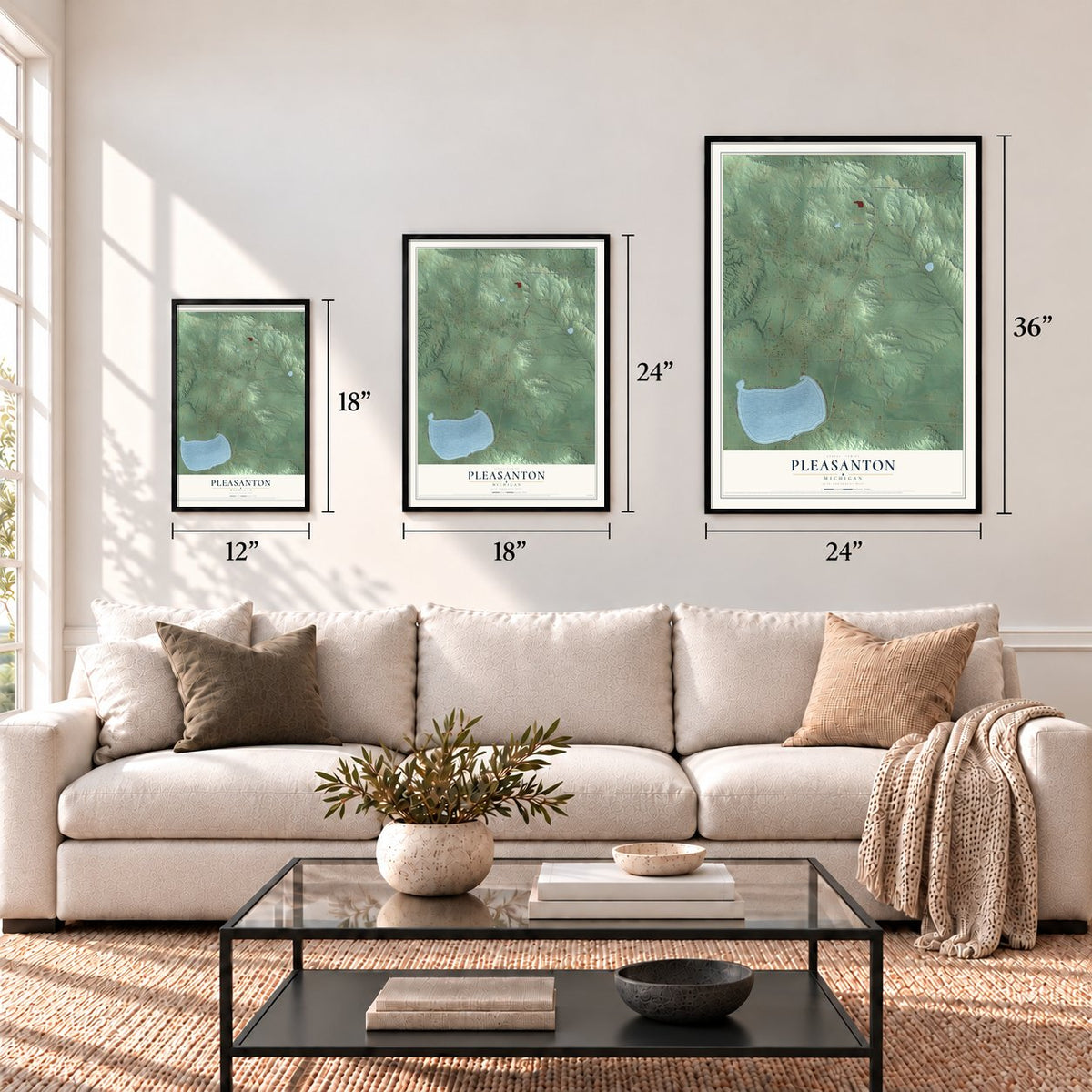 Pleasanton, Michigan map in 12 x 18, 18 x 24 and 24 x 36 inch sizes above a sofa