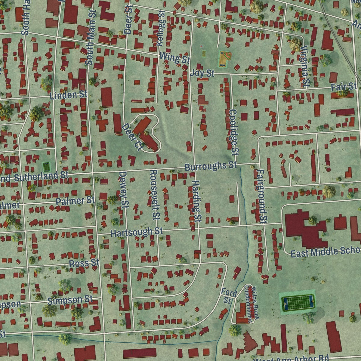Close-up of the map of Plymouth, Michigan print showing street and building detail