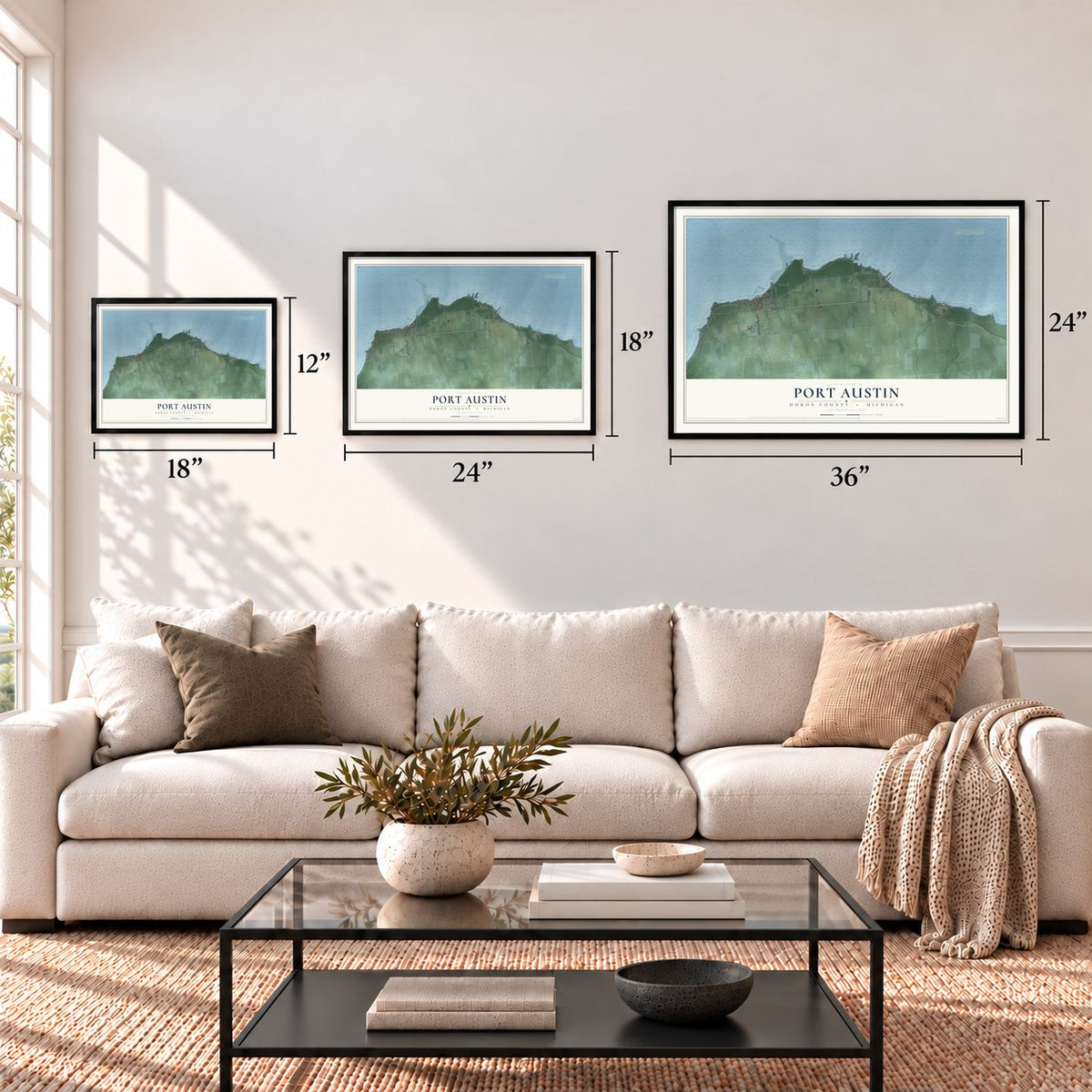 Port Austin, Huron County, Michigan map in 12 x 18, 18 x 24 and 24 x 36 inch sizes above a sofa