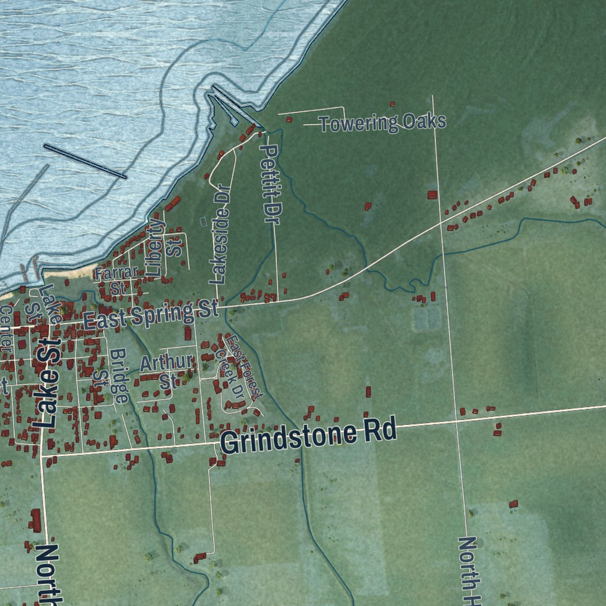 Close-up of the map of Port Austin, Huron County, Michigan print showing street and building detail