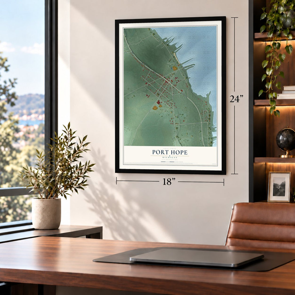 Port Hope, Michigan map, 18 x 24 inch print in a black frame in a home office