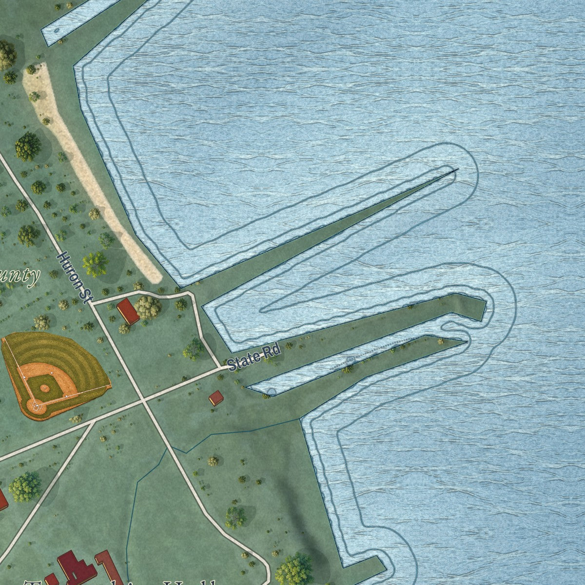 Close-up of the map of Port Hope, Michigan print showing street and building detail