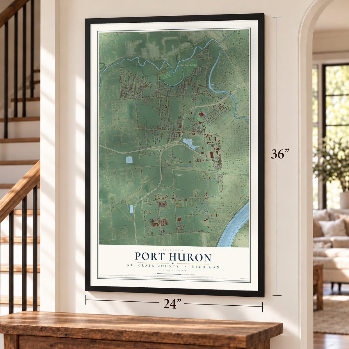 Port Huron, St. Clair County, Michigan map, 24 x 36 inch print in a black frame by a staircase