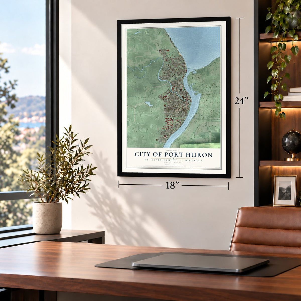 Port Huron, Michigan map, 18 x 24 inch print in a black frame in a home office