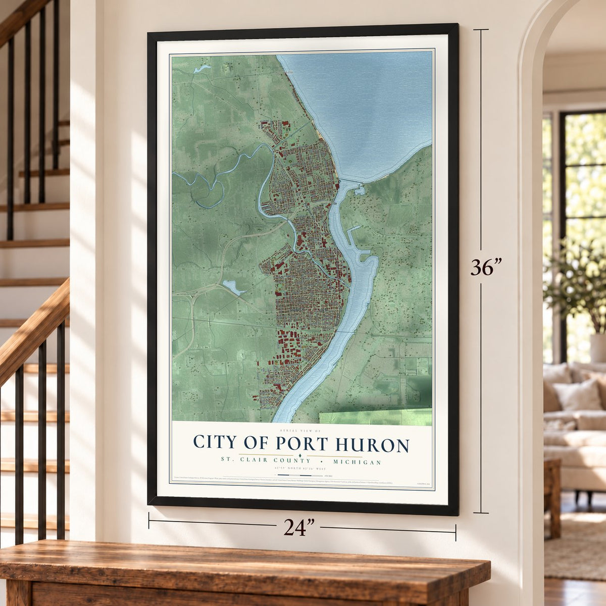 Port Huron, Michigan map, 24 x 36 inch print in a black frame by a staircase