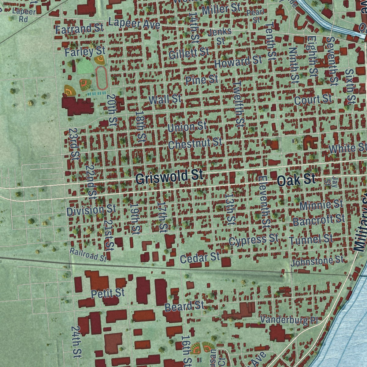 Close-up of the map of Port Huron, Michigan print showing street and building detail