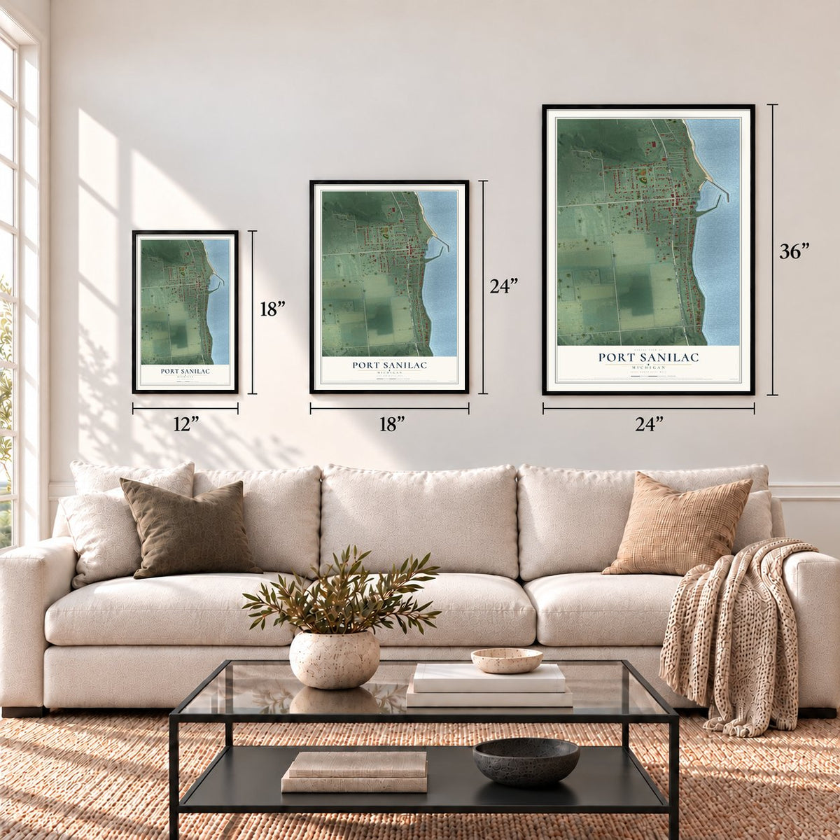 Port Sanilac, Michigan map in 12 x 18, 18 x 24 and 24 x 36 inch sizes above a sofa
