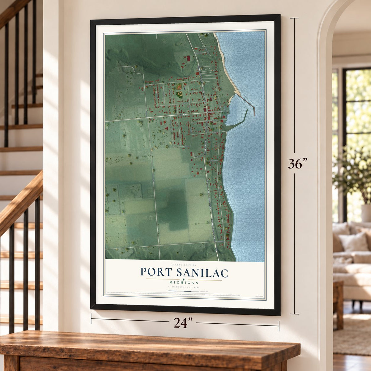 Port Sanilac, Michigan map, 24 x 36 inch print in a black frame by a staircase