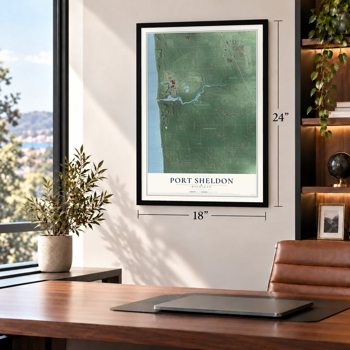Port Sheldon, Michigan map, 18 x 24 inch print in a black frame in a home office