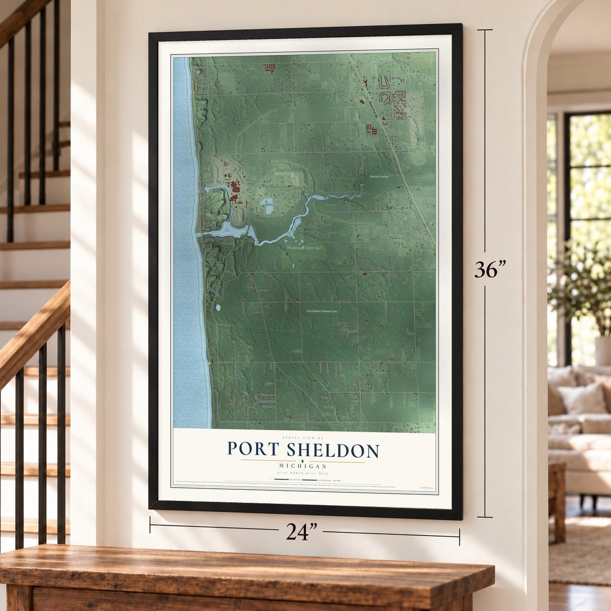 Port Sheldon, Michigan map, 24 x 36 inch print in a black frame by a staircase