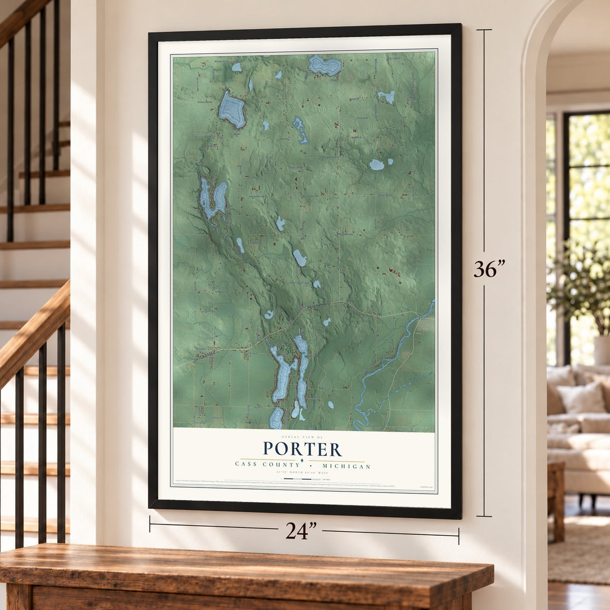Porter, Cass County, Michigan map, 24 x 36 inch print in a black frame by a staircase