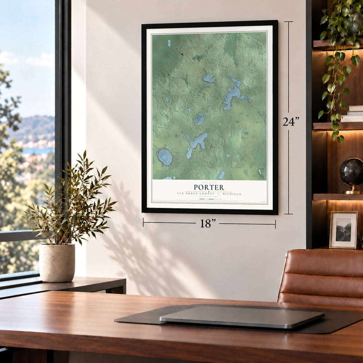 Porter, Van Buren County, Michigan map, 18 x 24 inch print in a black frame in a home office