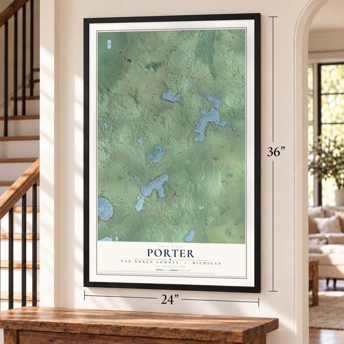 Porter, Van Buren County, Michigan map, 24 x 36 inch print in a black frame by a staircase