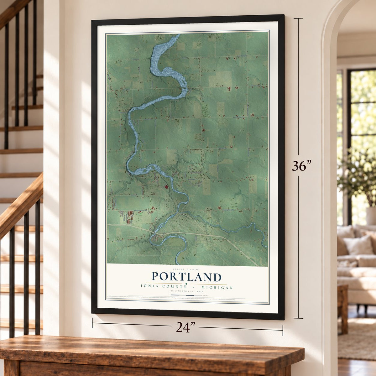 Portland, Ionia County, Michigan map, 24 x 36 inch print in a black frame by a staircase
