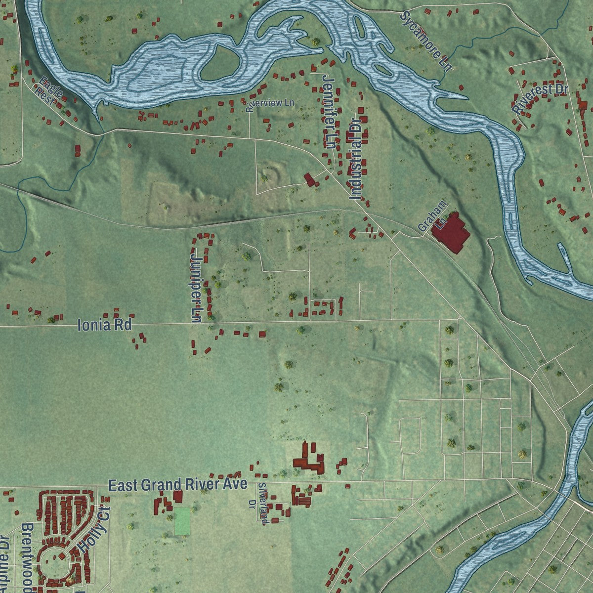 Close-up of the map of Portland, Ionia County, Michigan print showing street and building detail