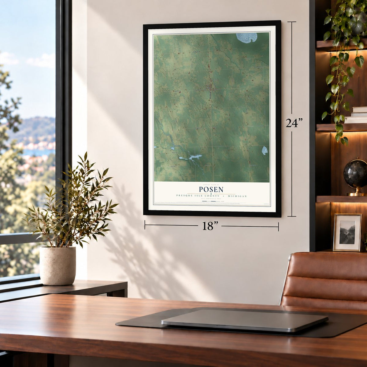 Posen, Presque Isle County, Michigan map, 18 x 24 inch print in a black frame in a home office