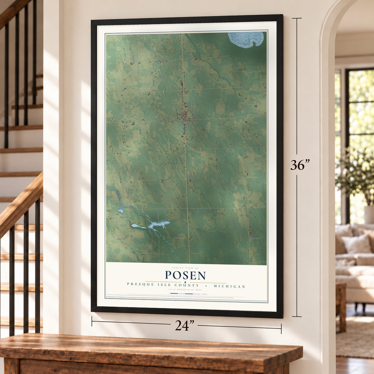 Posen, Presque Isle County, Michigan map, 24 x 36 inch print in a black frame by a staircase