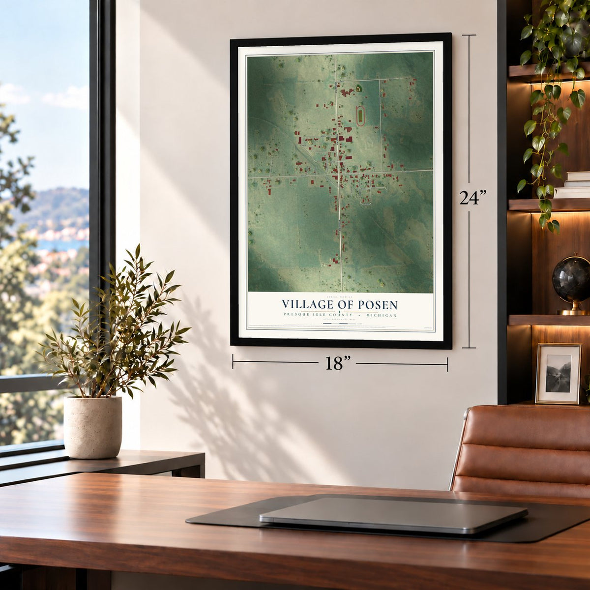 Posen, Michigan map, 18 x 24 inch print in a black frame in a home office