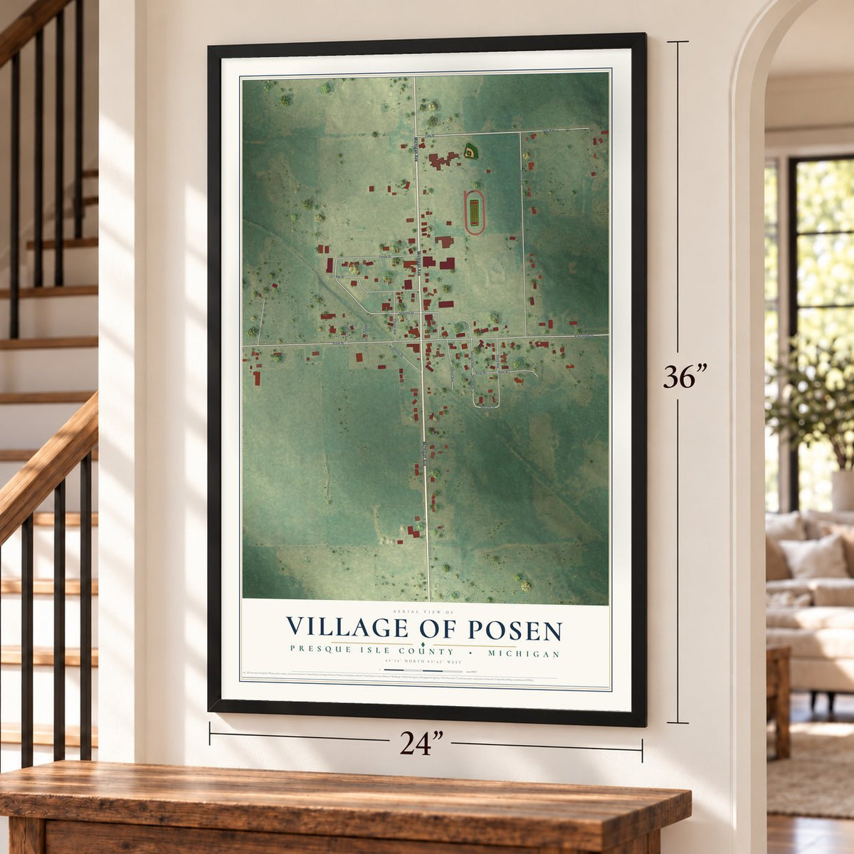 Posen, Michigan map, 24 x 36 inch print in a black frame by a staircase