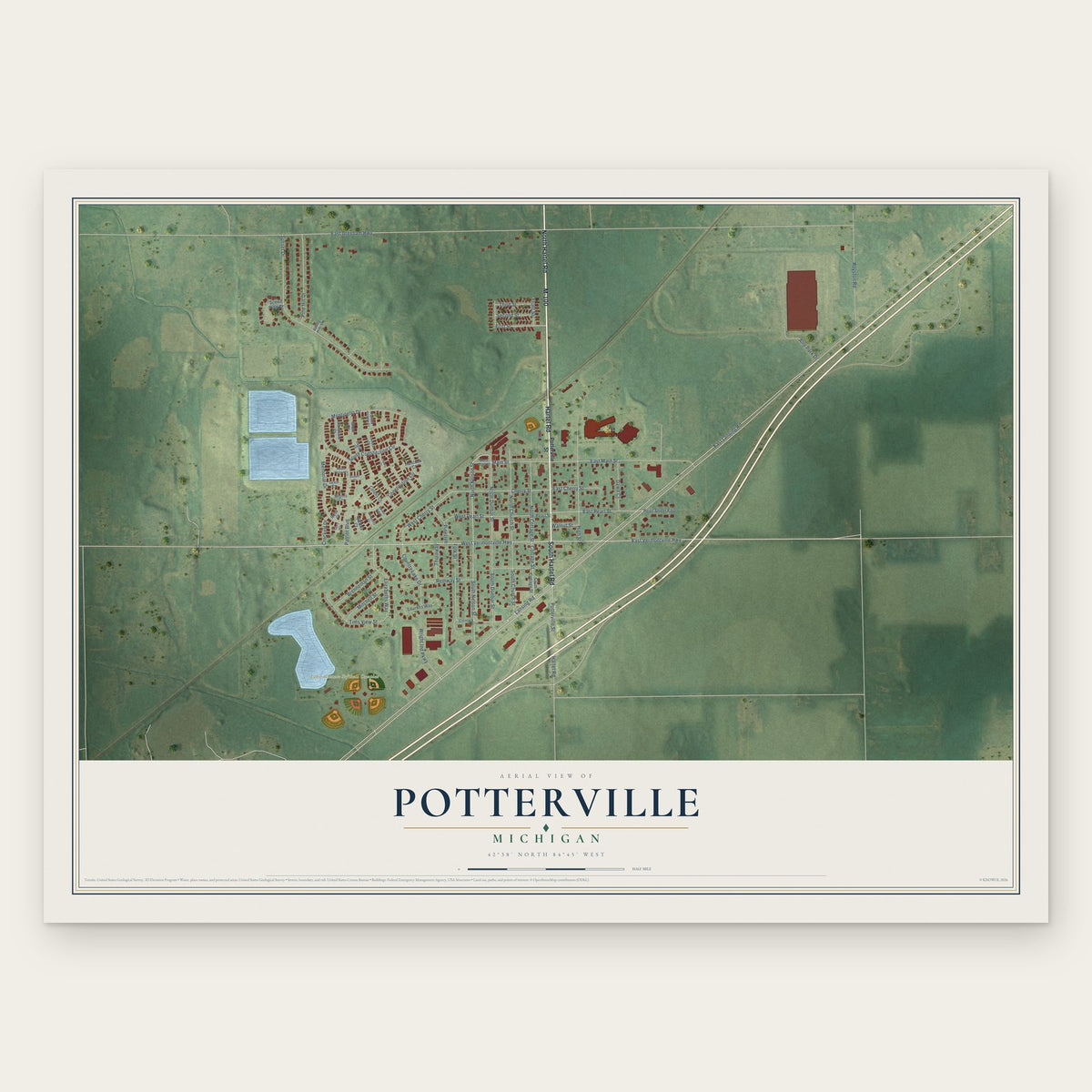 Potterville, Michigan map print, the full design