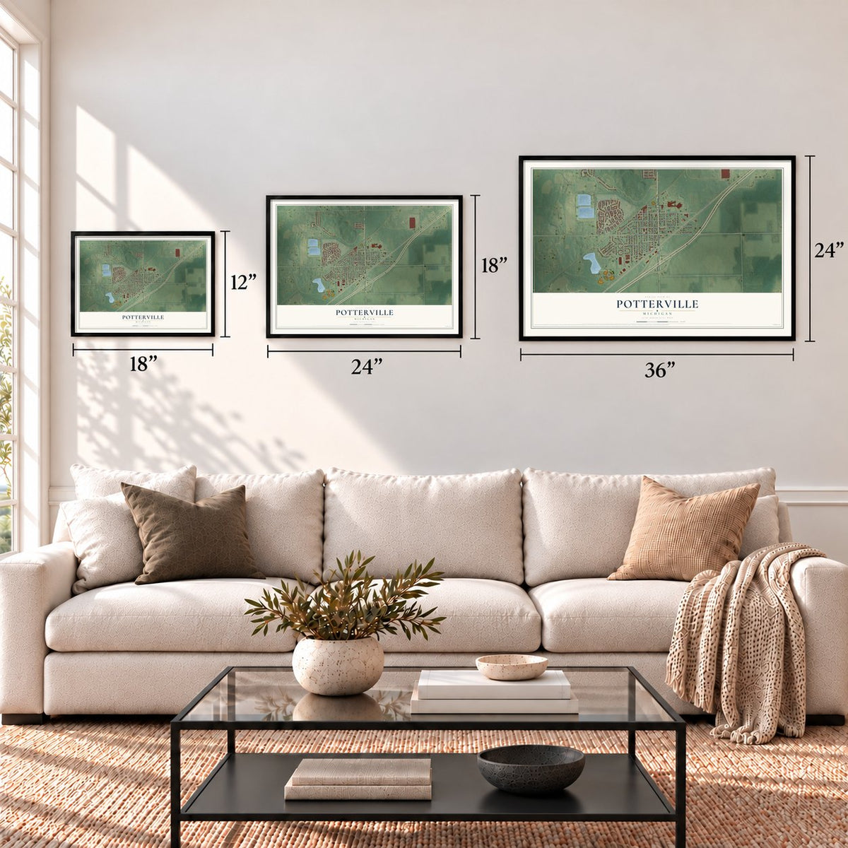 Potterville, Michigan map in 12 x 18, 18 x 24 and 24 x 36 inch sizes above a sofa
