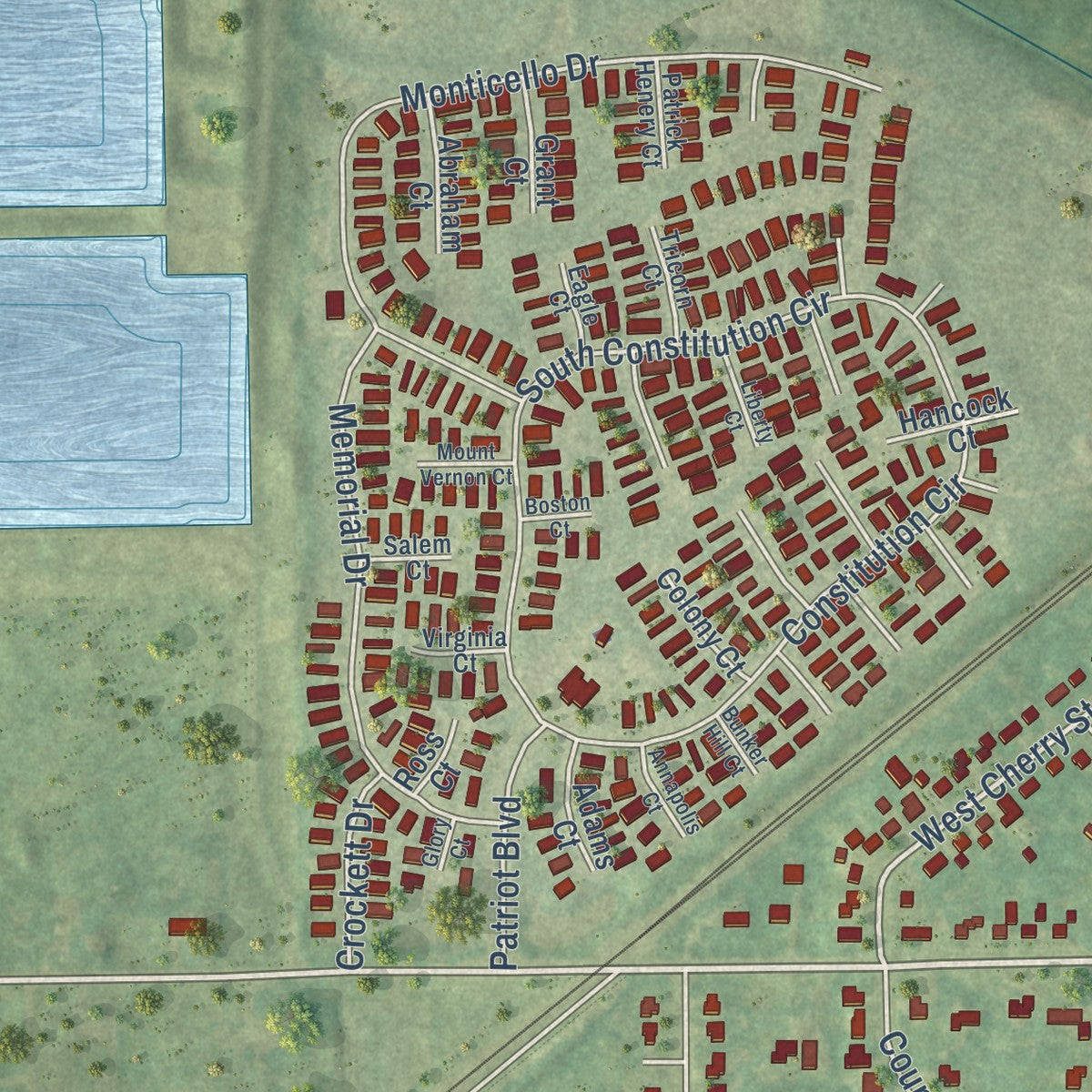 Close-up of the map of Potterville, Michigan print showing street and building detail