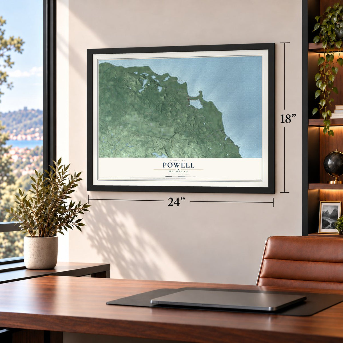 Powell, Michigan map, 18 x 24 inch print in a black frame in a home office