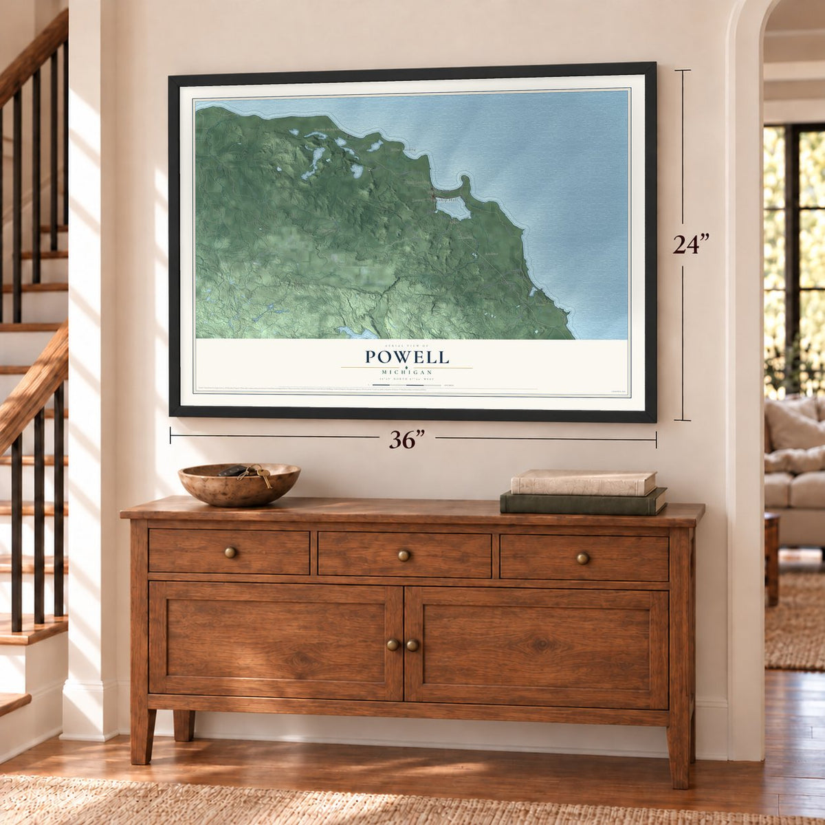 Powell, Michigan map, 24 x 36 inch print in a black frame above a dresser by a staircase