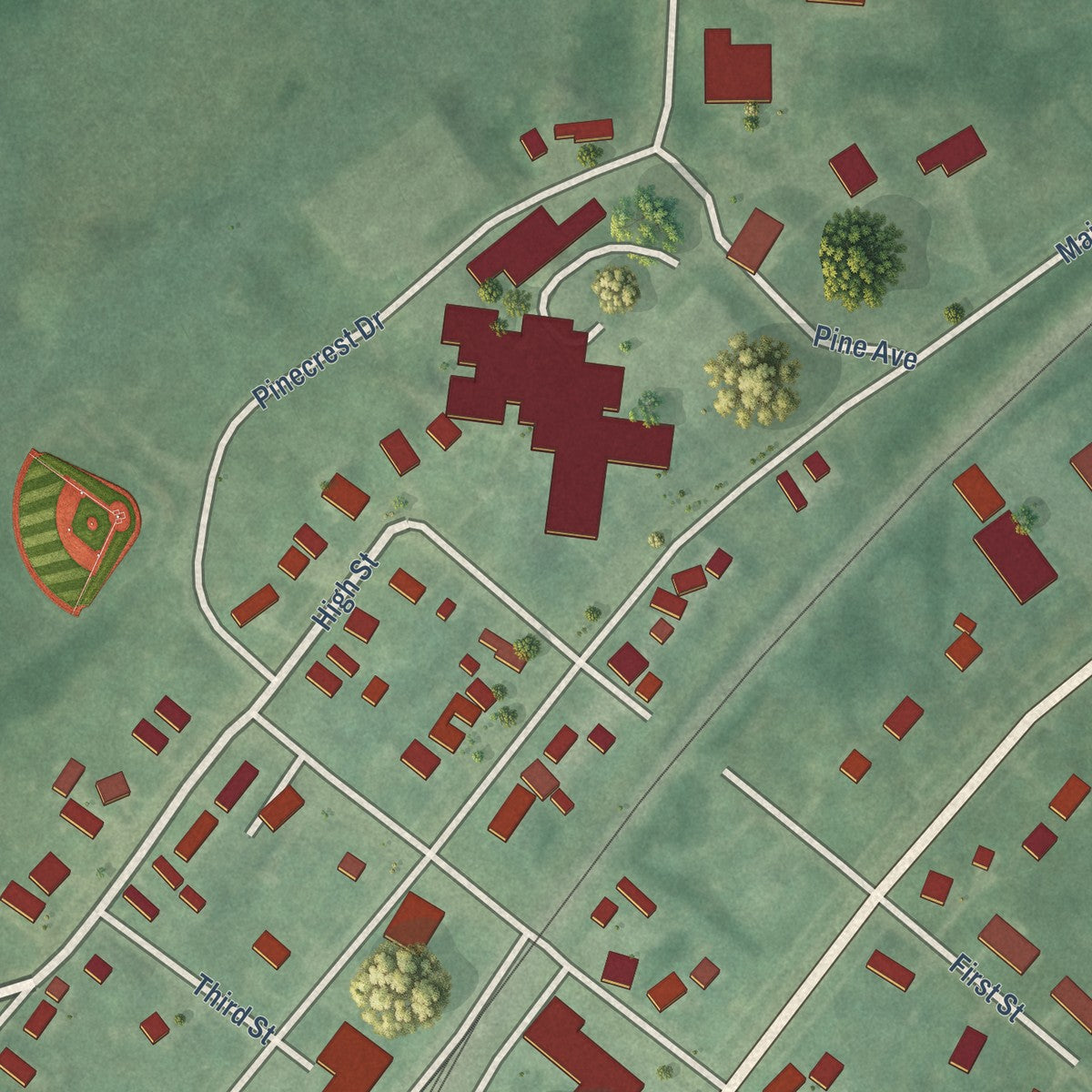 Close-up of the map of Powers, Michigan print showing street and building detail