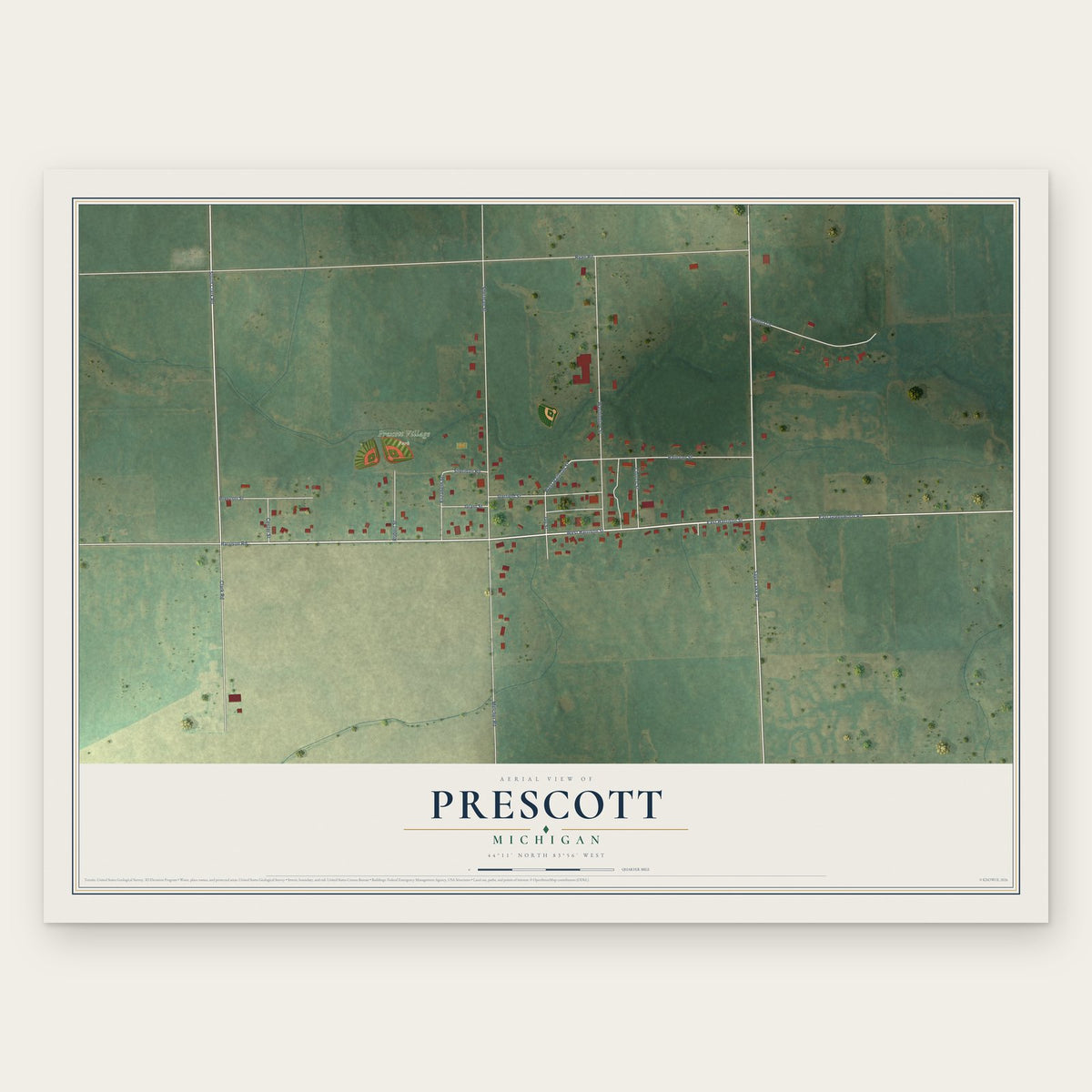 Prescott, Michigan map print, the full design