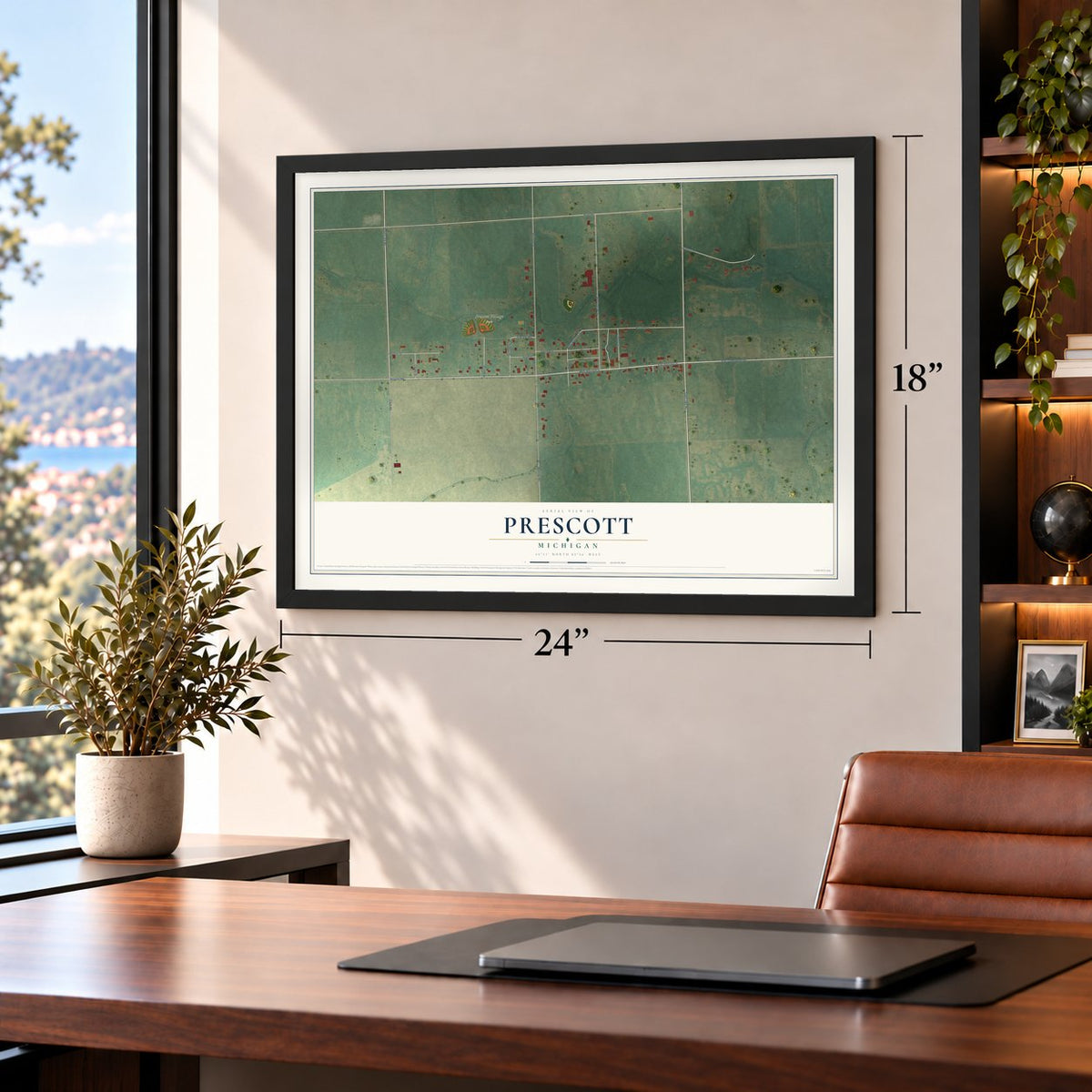 Prescott, Michigan map, 18 x 24 inch print in a black frame in a home office