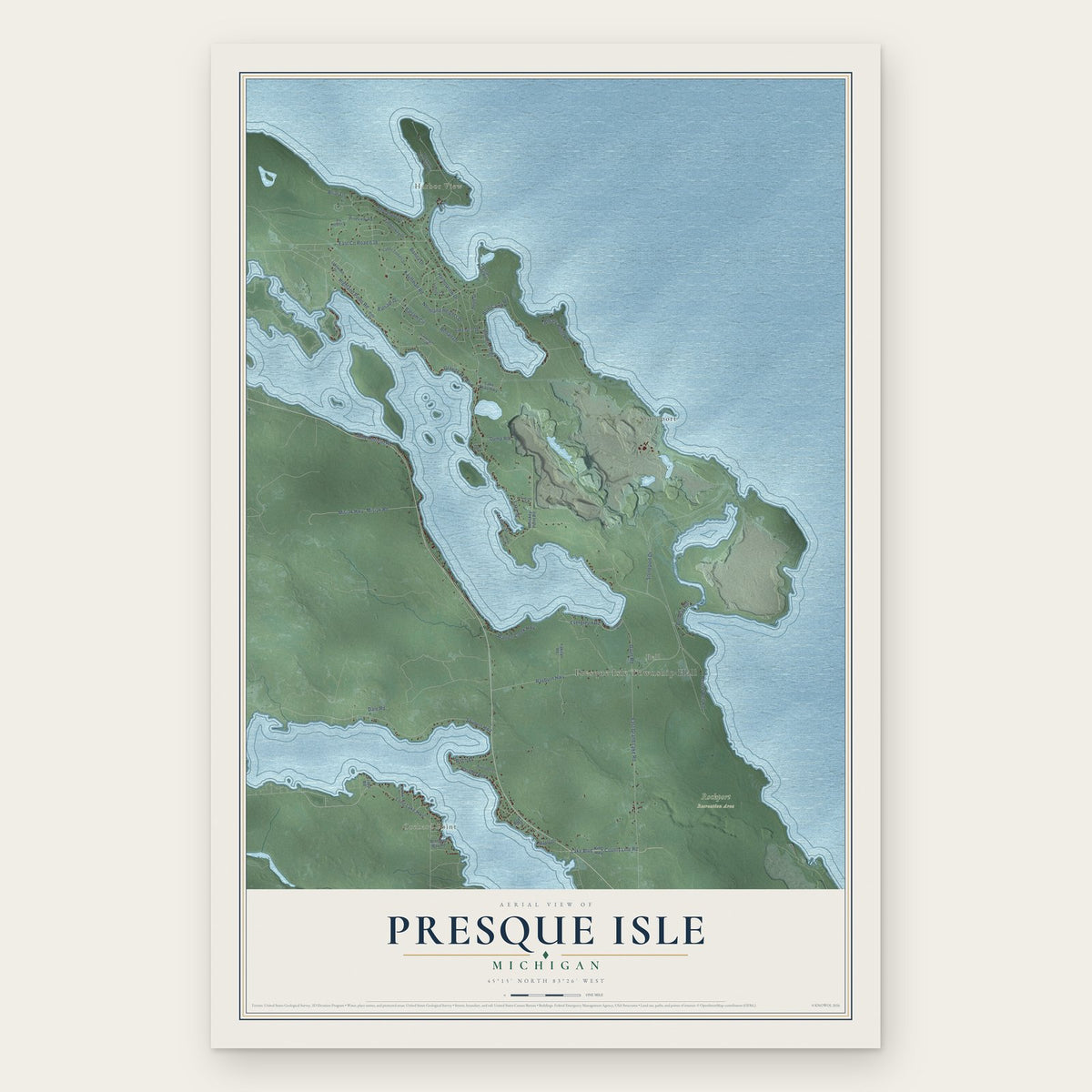 Presque Isle, Michigan map print, the full design