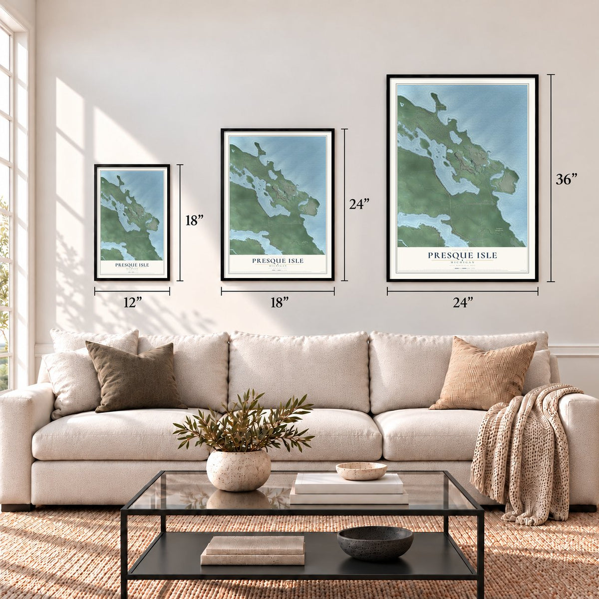 Presque Isle, Michigan map in 12 x 18, 18 x 24 and 24 x 36 inch sizes above a sofa