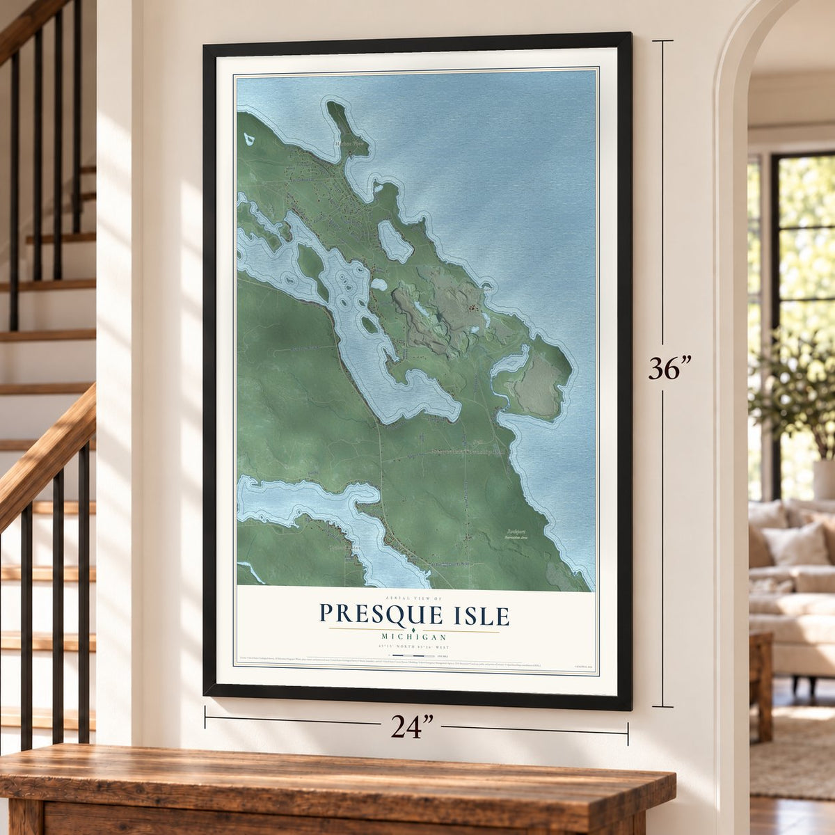 Presque Isle, Michigan map, 24 x 36 inch print in a black frame by a staircase