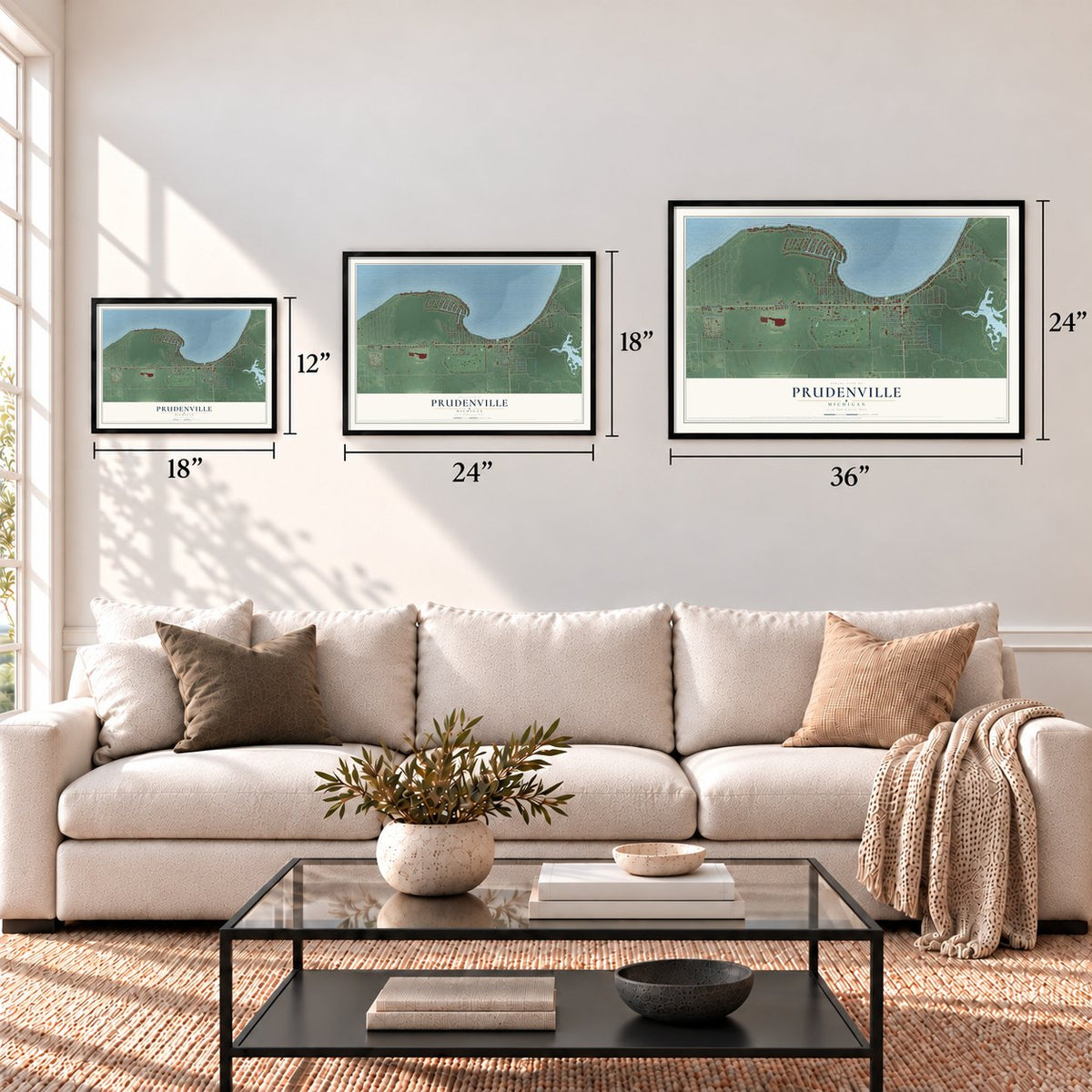 Prudenville, Michigan map in 12 x 18, 18 x 24 and 24 x 36 inch sizes above a sofa