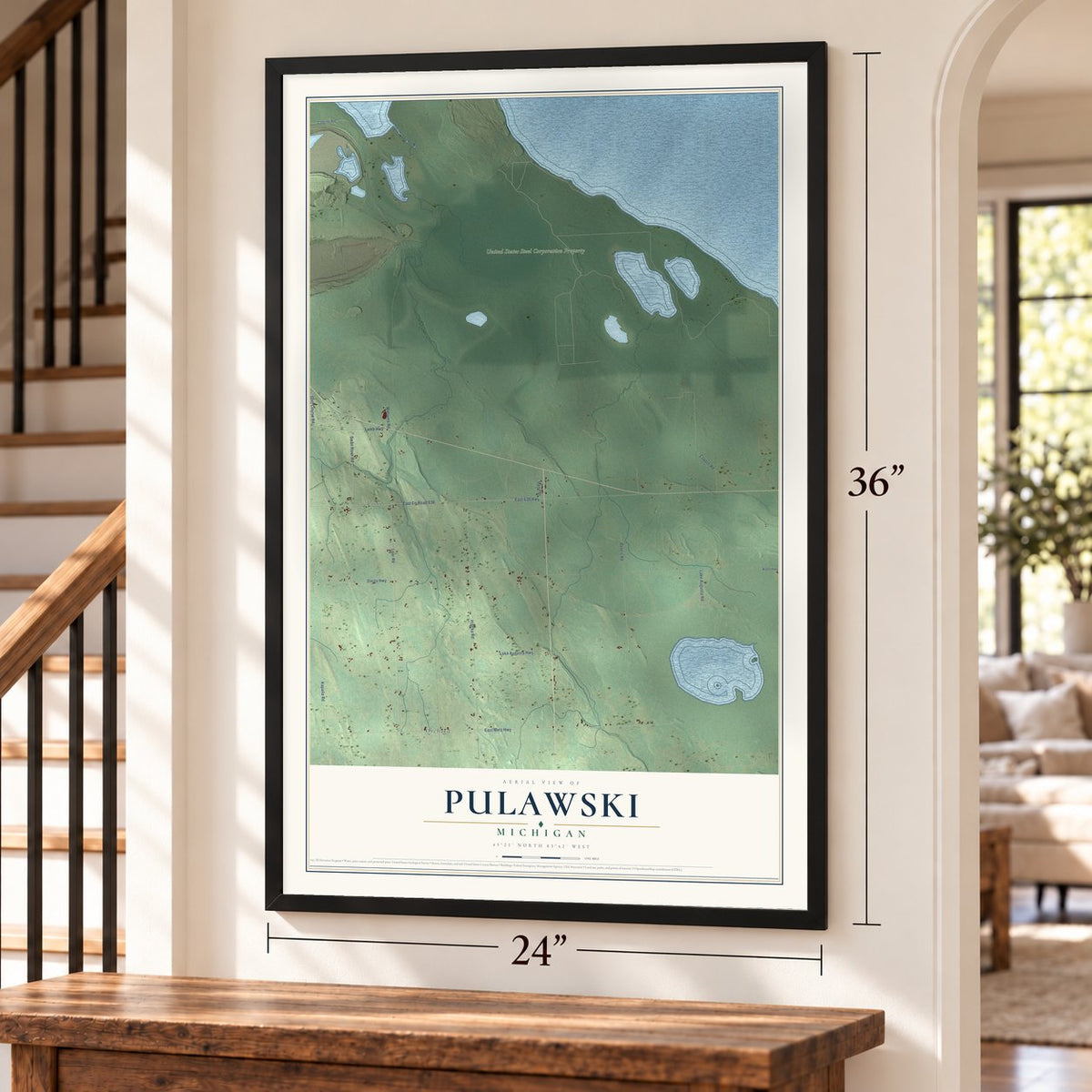 Pulawski, Michigan map, 24 x 36 inch print in a black frame by a staircase