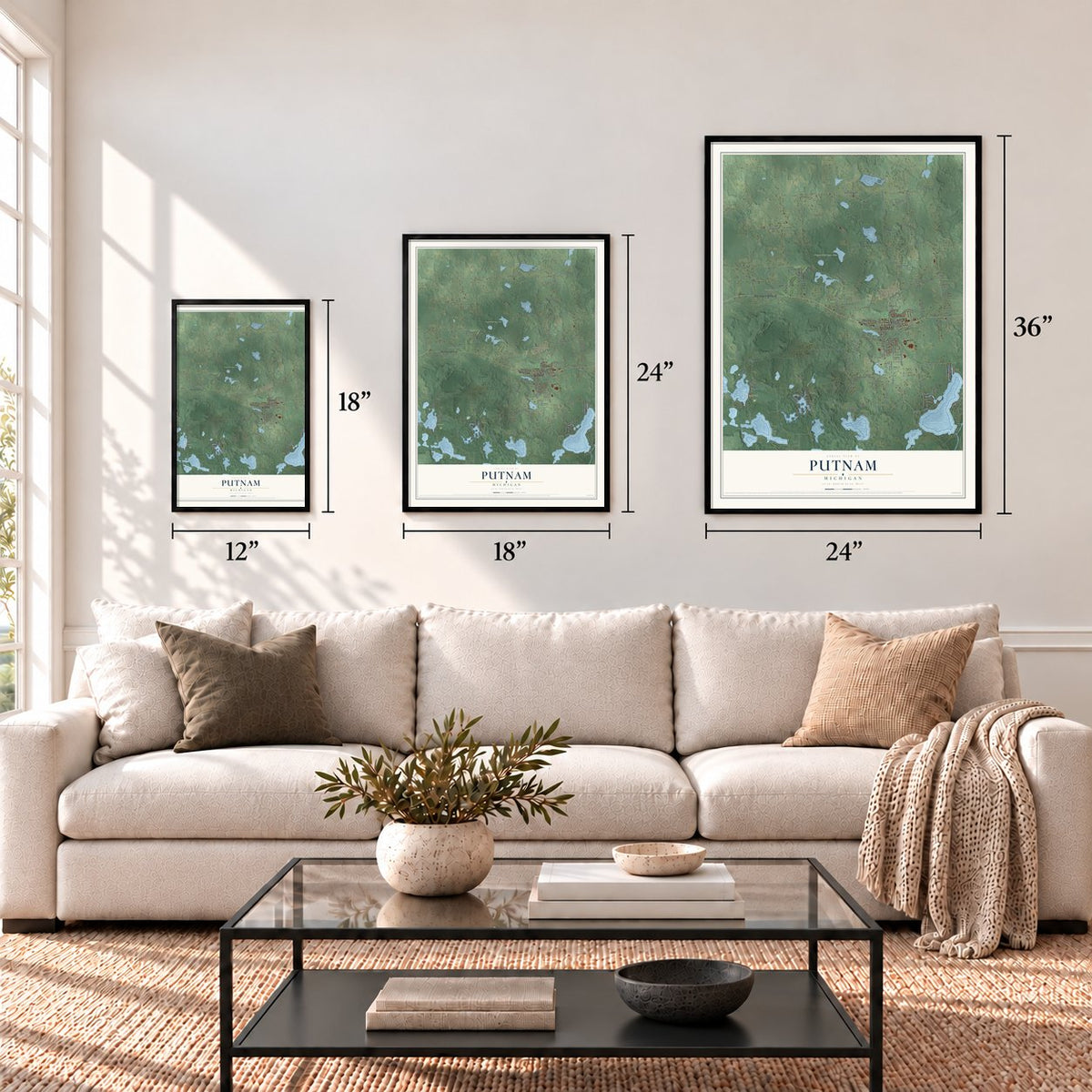 Putnam, Michigan map in 12 x 18, 18 x 24 and 24 x 36 inch sizes above a sofa