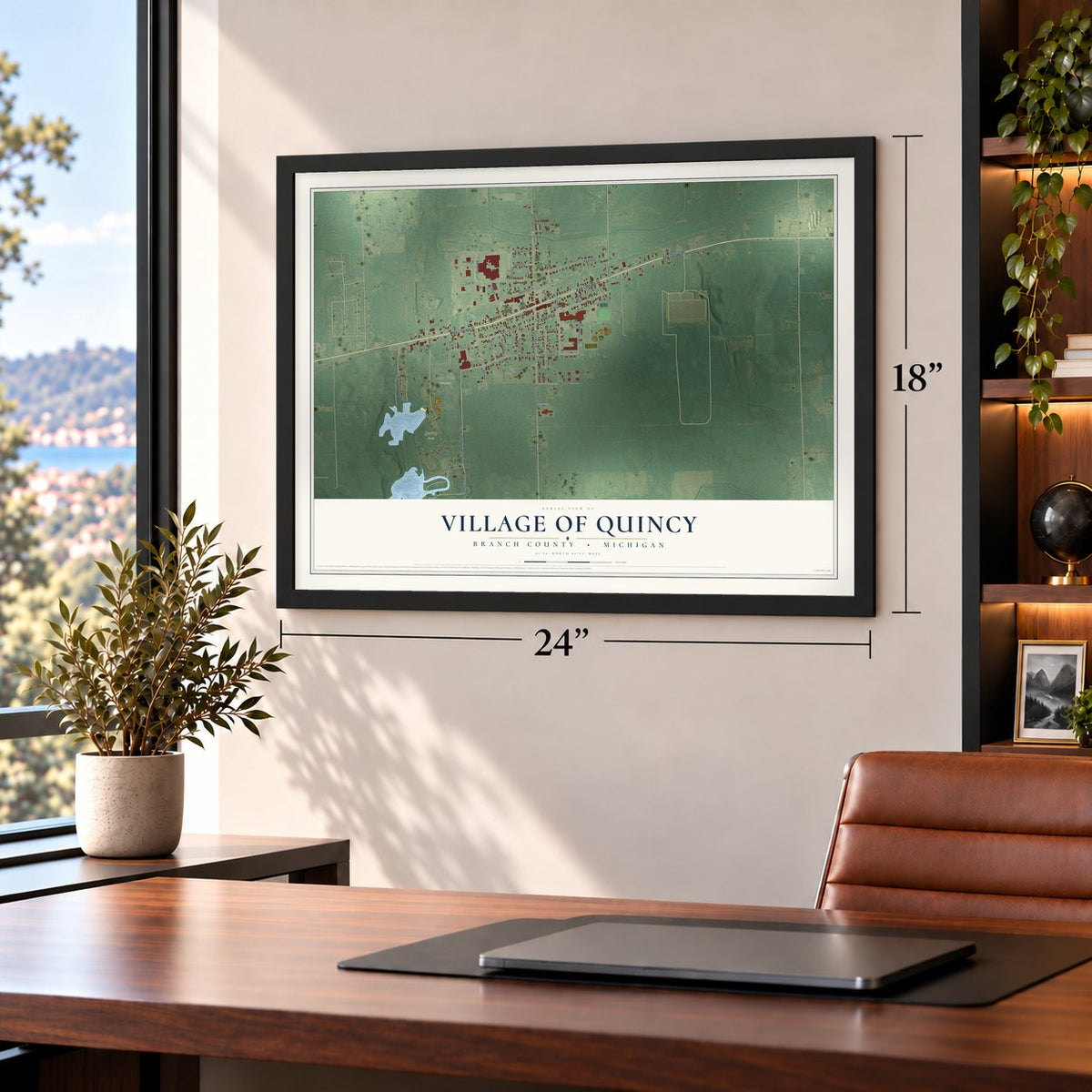 Quincy, Michigan map, 18 x 24 inch print in a black frame in a home office