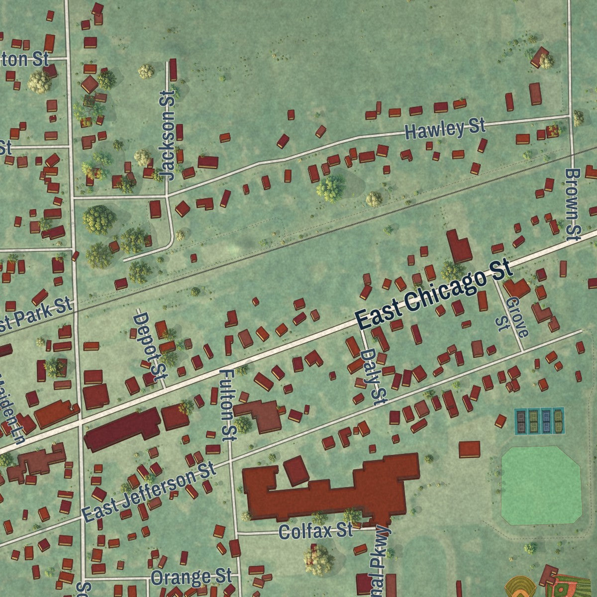 Close-up of the map of Quincy, Michigan print showing street and building detail