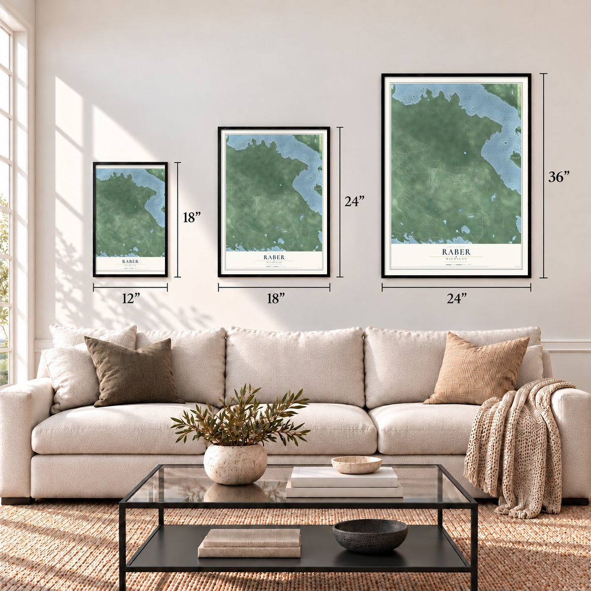 Raber, Michigan map in 12 x 18, 18 x 24 and 24 x 36 inch sizes above a sofa