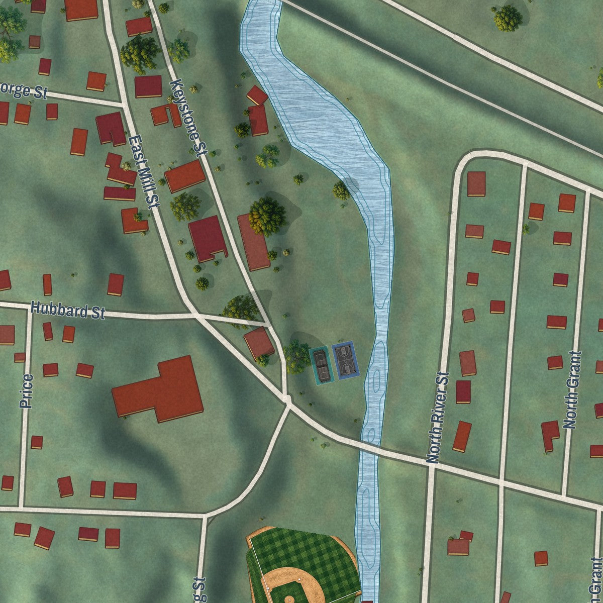 Close-up of the map of Ramsay, Michigan print showing street and building detail