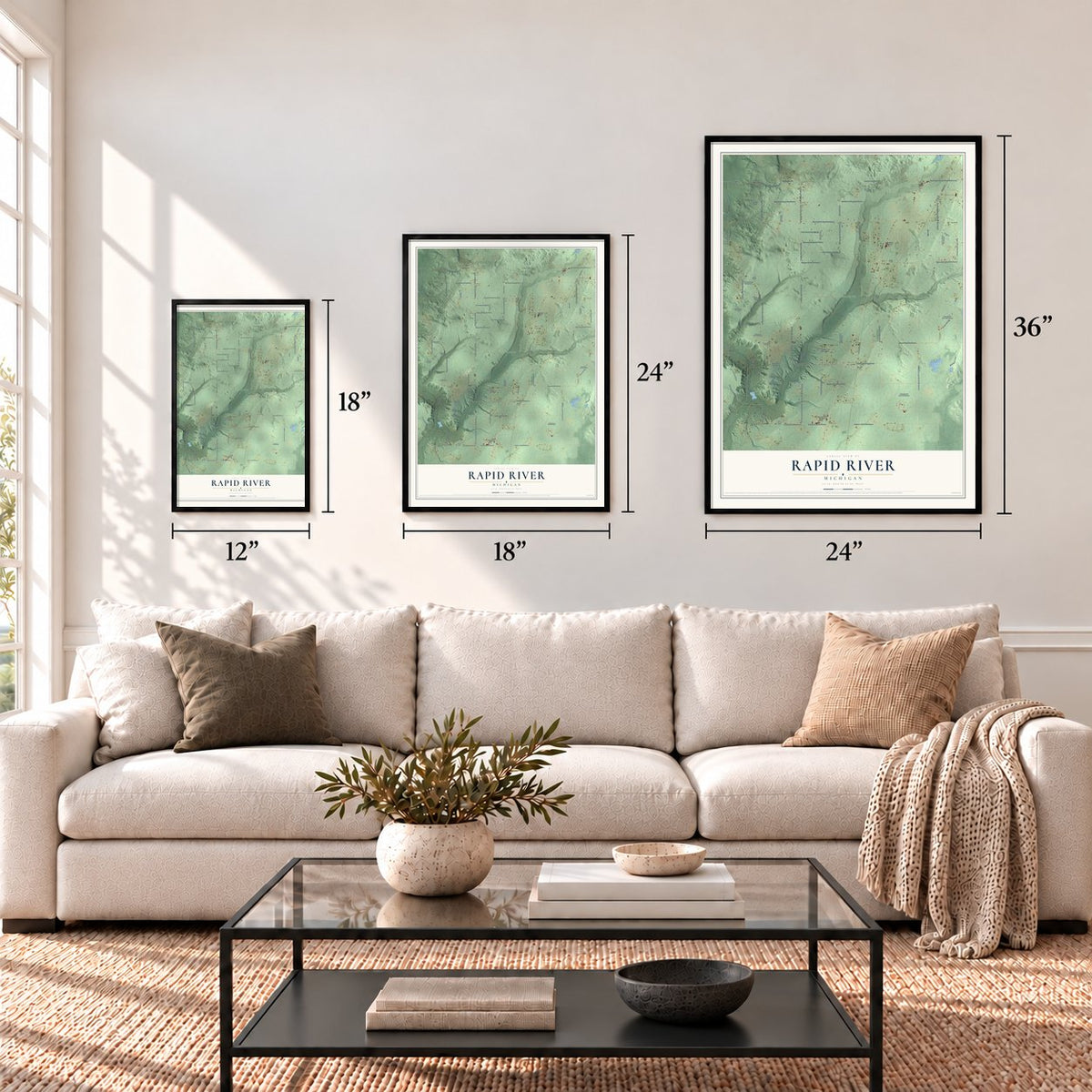 Rapid River, Michigan map in 12 x 18, 18 x 24 and 24 x 36 inch sizes above a sofa