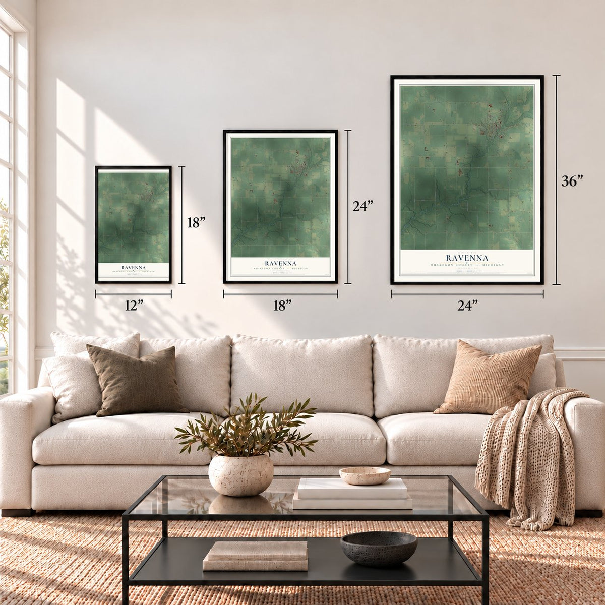 Ravenna, Muskegon County, Michigan map in 12 x 18, 18 x 24 and 24 x 36 inch sizes above a sofa