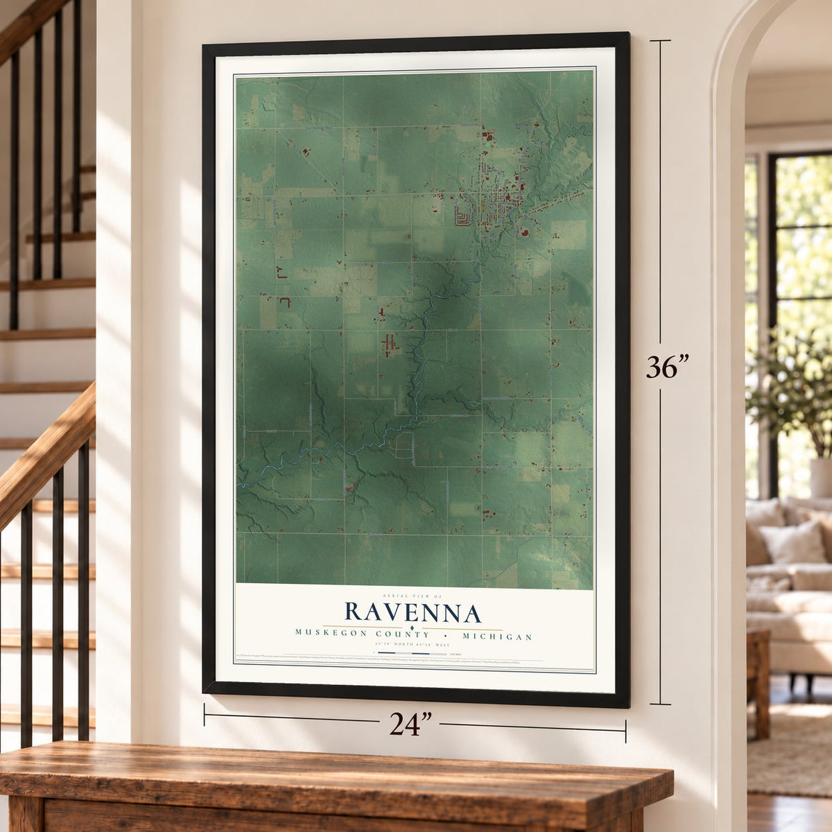 Ravenna, Muskegon County, Michigan map, 24 x 36 inch print in a black frame by a staircase