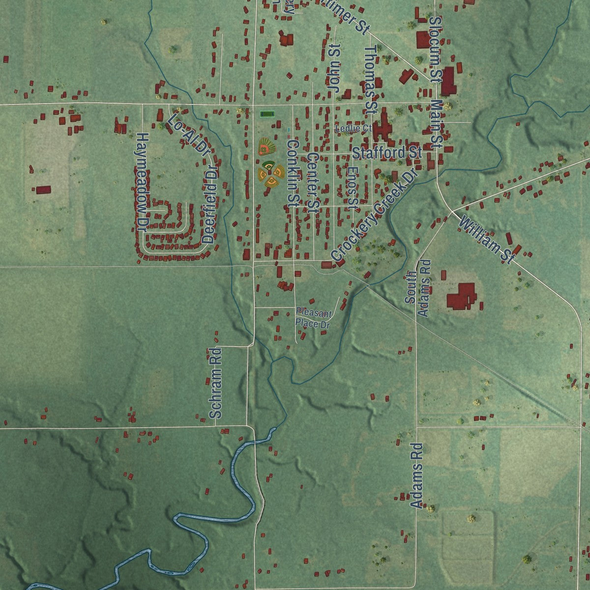 Close-up of the map of Ravenna, Muskegon County, Michigan print showing street and building detail