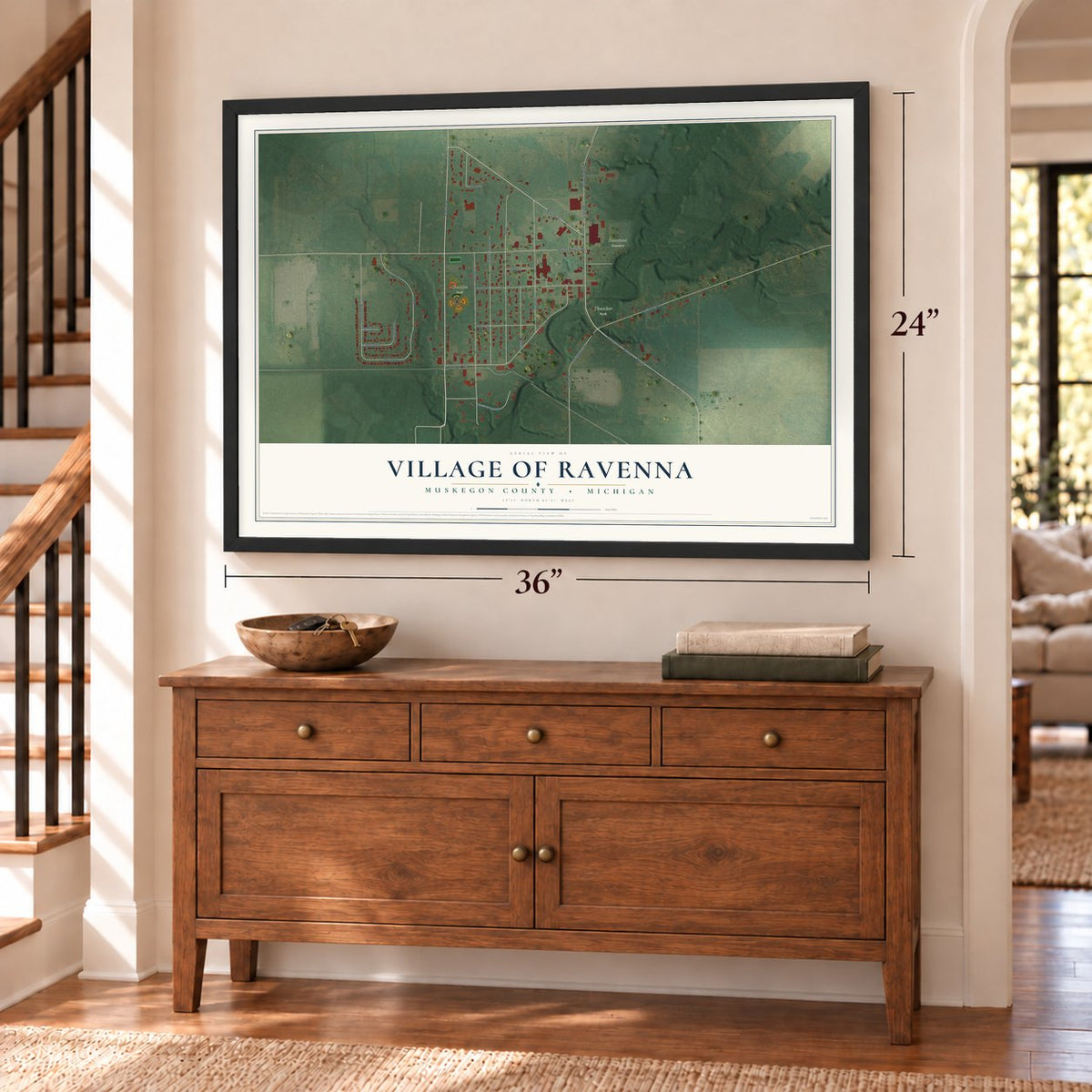 Ravenna, Michigan map, 24 x 36 inch print in a black frame above a dresser by a staircase