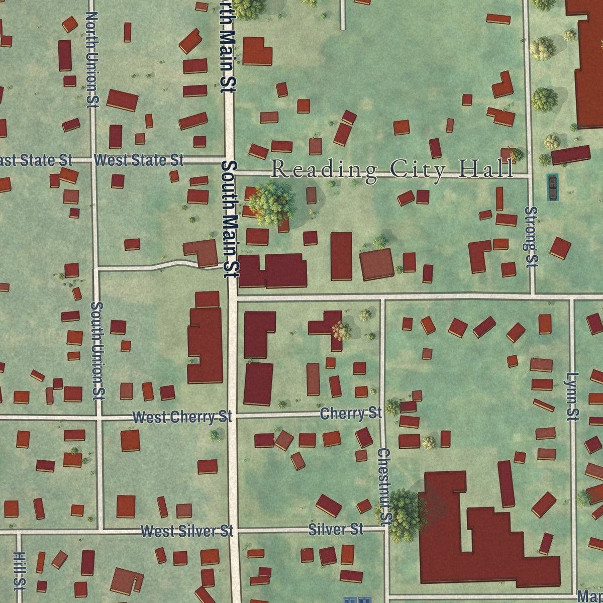 Close-up of the map of Reading, Michigan print showing street and building detail