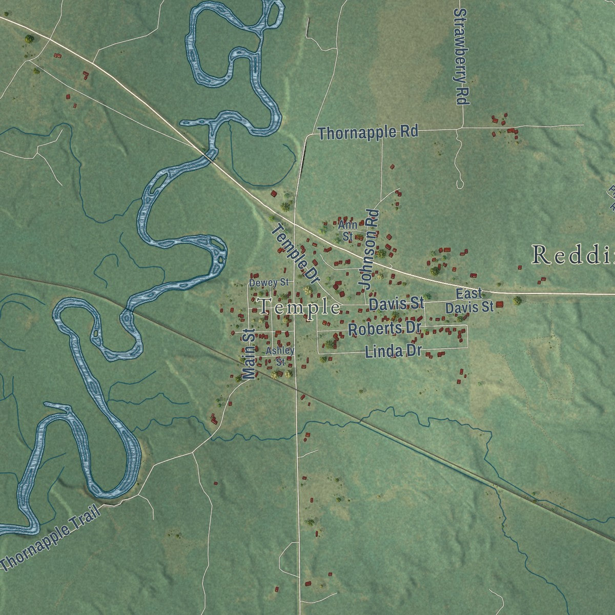 Close-up of the map of Redding, Michigan print showing street and building detail
