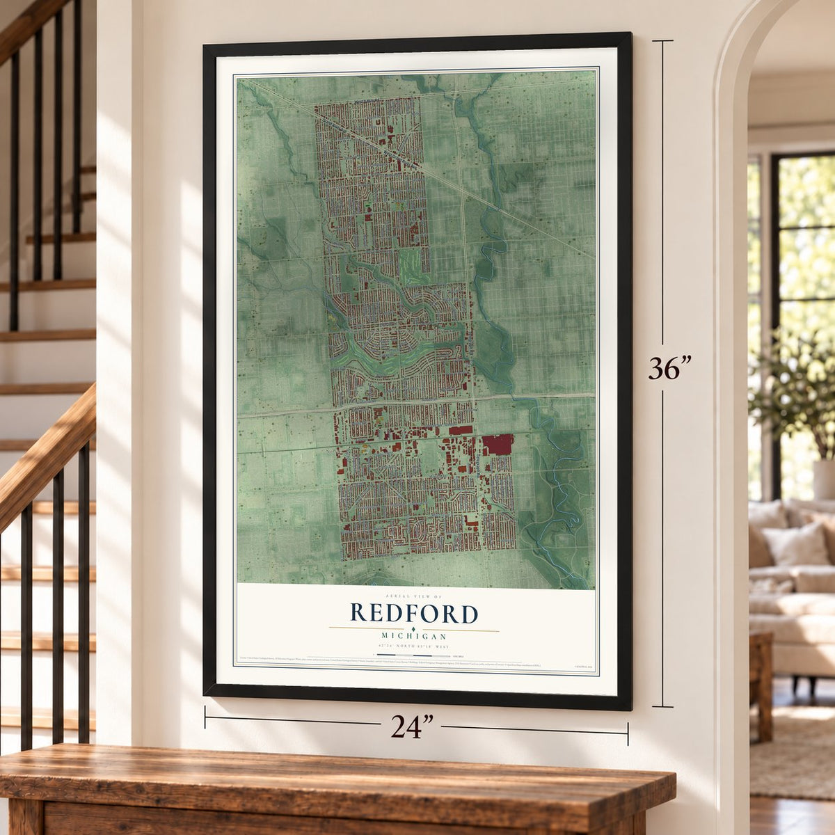 Redford, Michigan map, 24 x 36 inch print in a black frame by a staircase