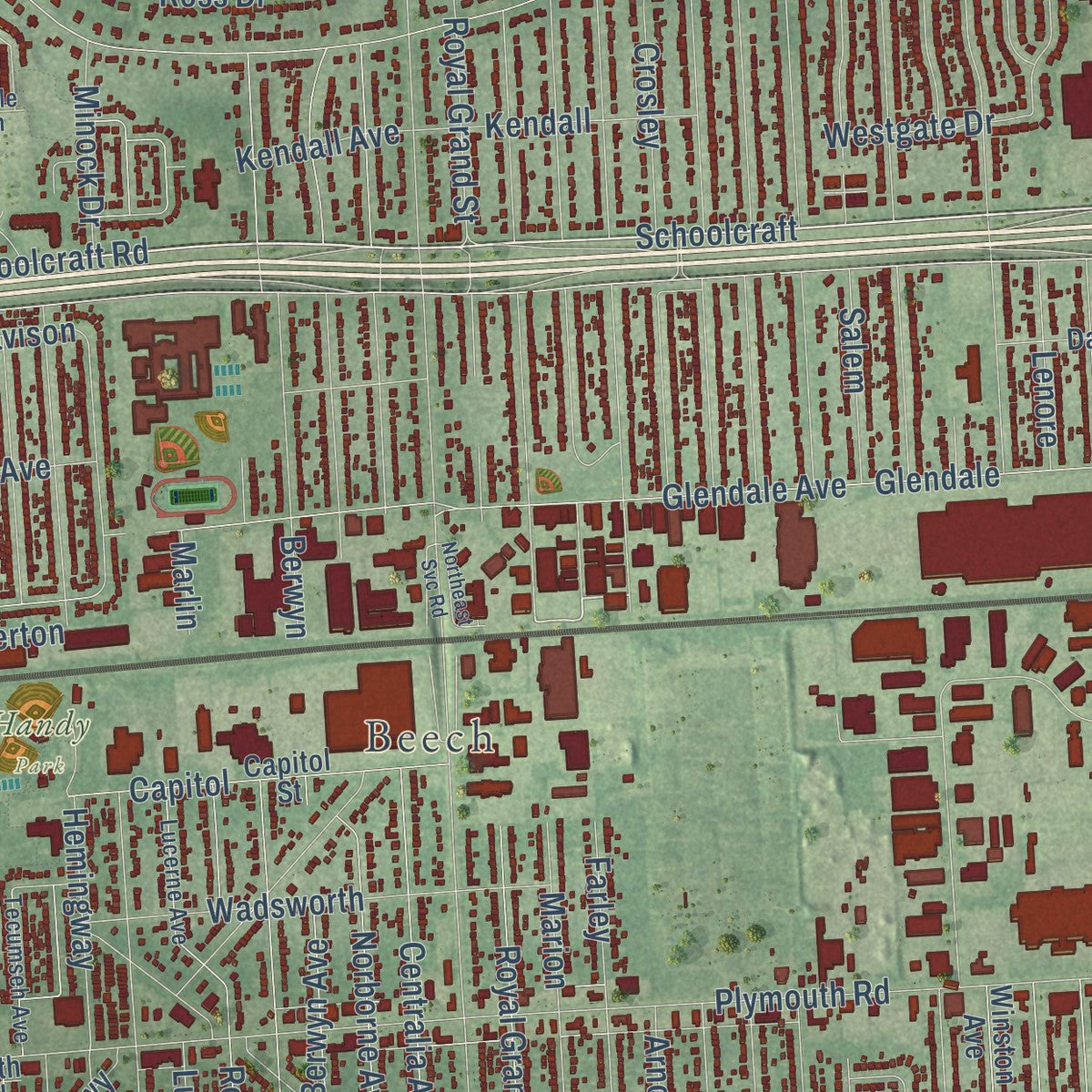 Close-up of the map of Redford, Michigan print showing street and building detail